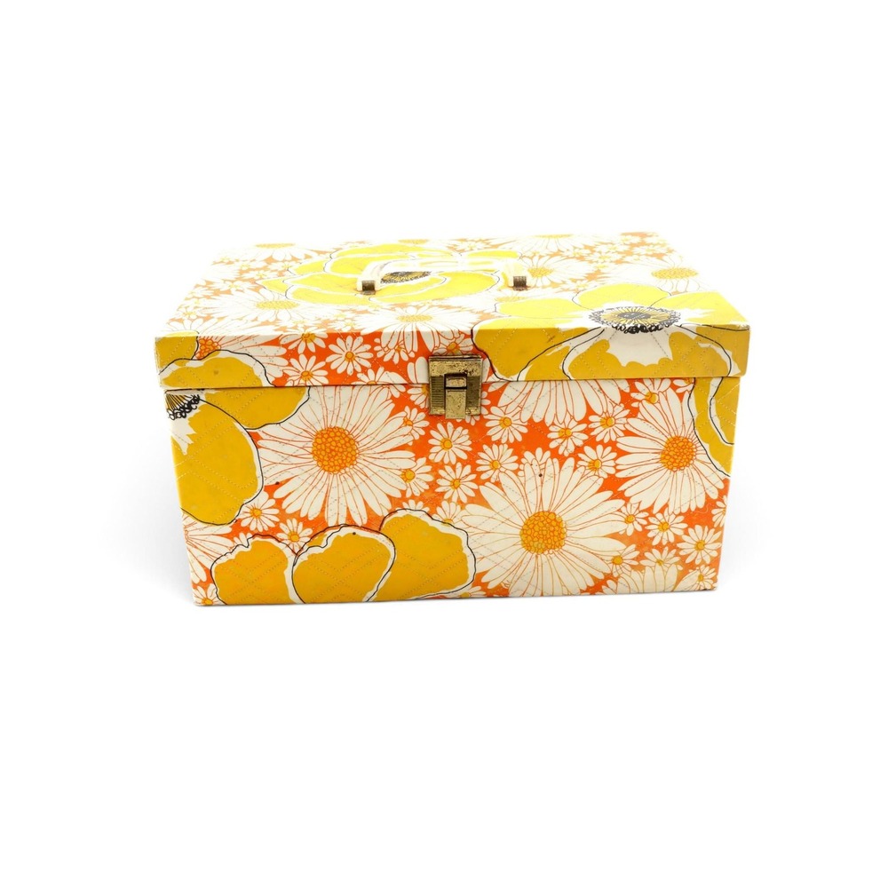70s Floral Quilted Sewing Box Retro Orange Yellow Craft Storage KC Products Case